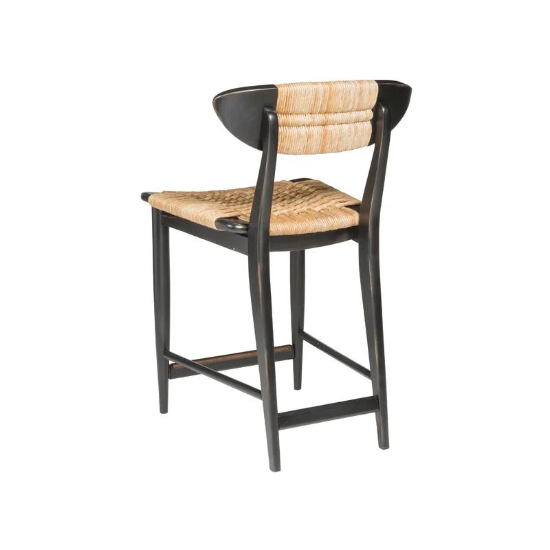 Mahogany and Abaca 24" Coastal Black Counter Stool with Brass Kickplate