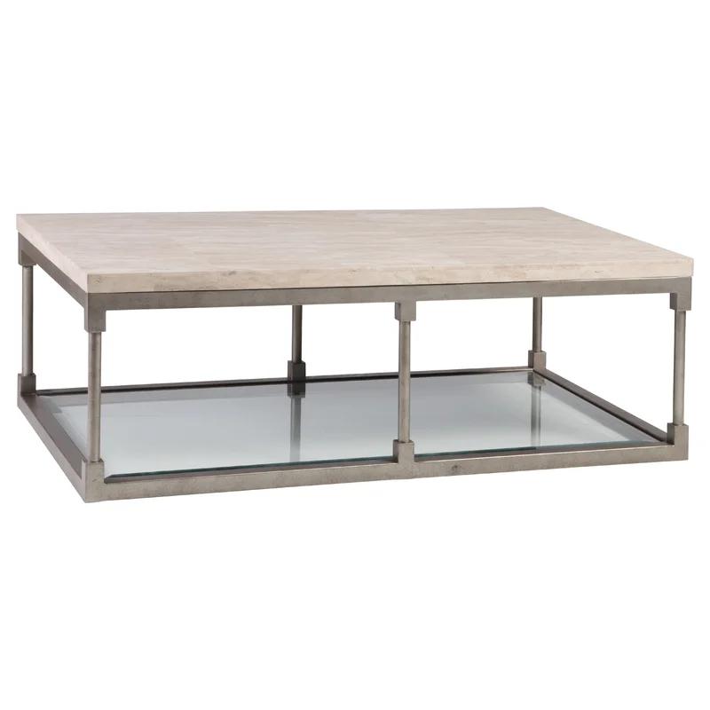 Elegance Beige & Silver Leaf Rectangular Cocktail Table with Tempered Glass Shelf