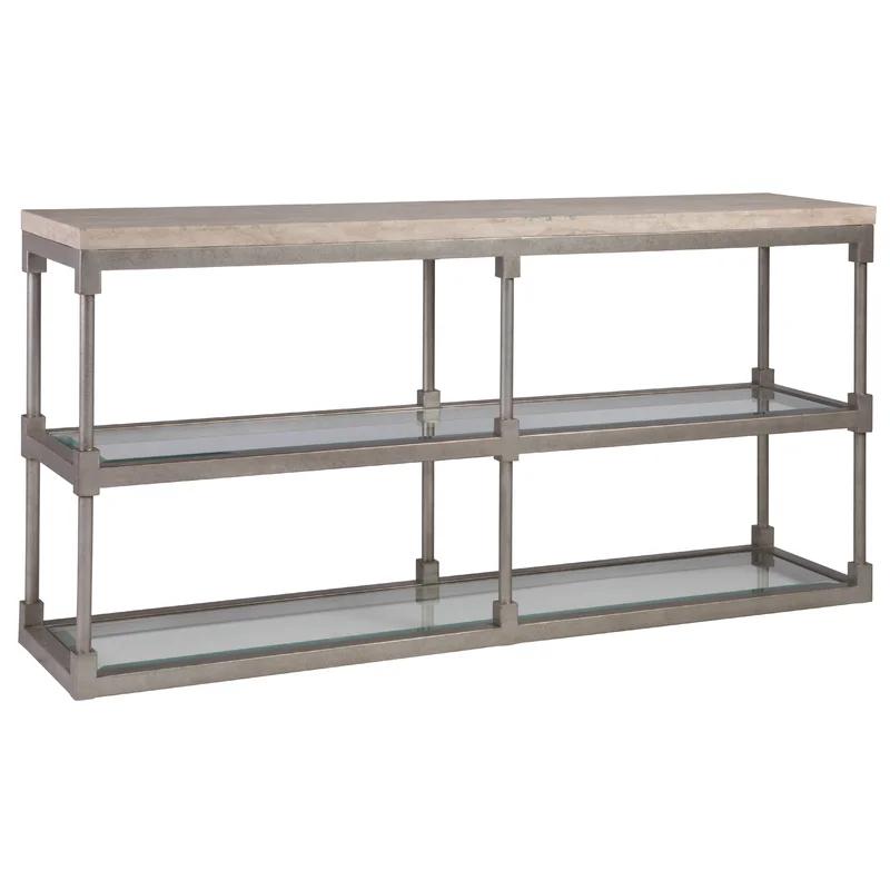 Topa 66'' Beige Travertine and Silver Metal Console Table with Glass Shelf