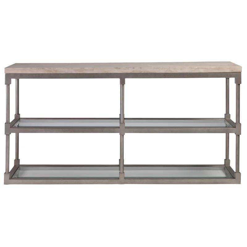 Topa 66'' Beige Travertine and Silver Metal Console Table with Glass Shelf