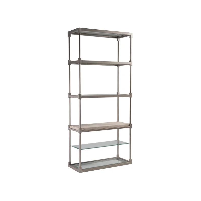 Antiqued Silver Leaf Iron and Sand Travertine Etagere with Glass Shelves