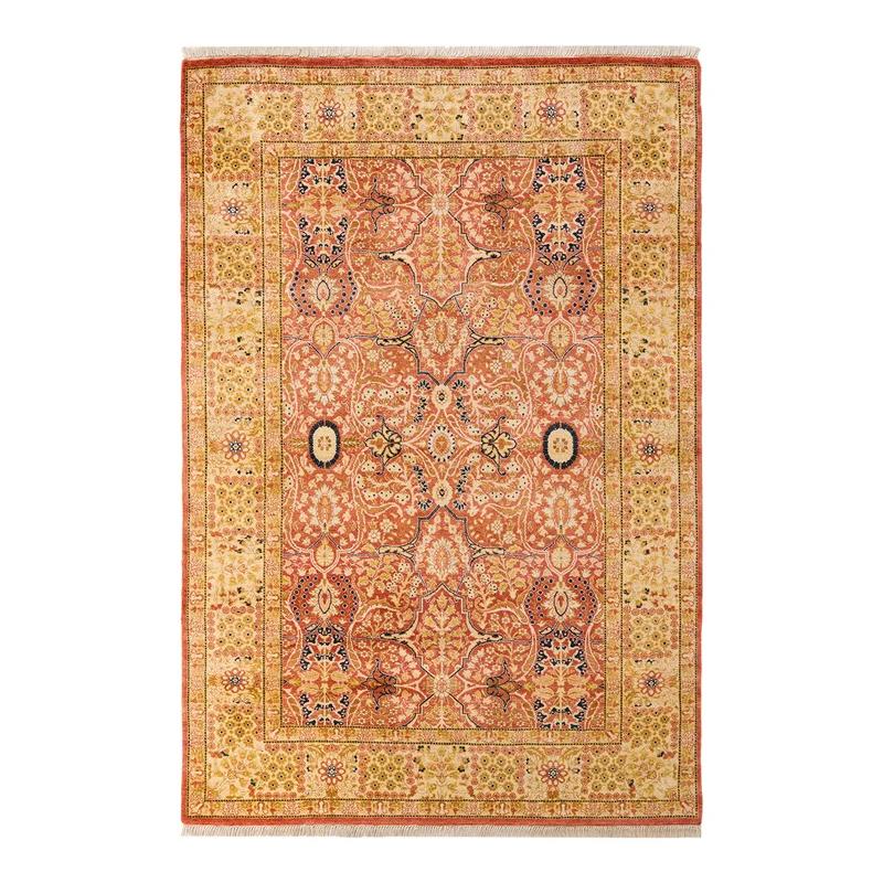 Hand-Knotted Orange Wool Floral Motif Area Rug