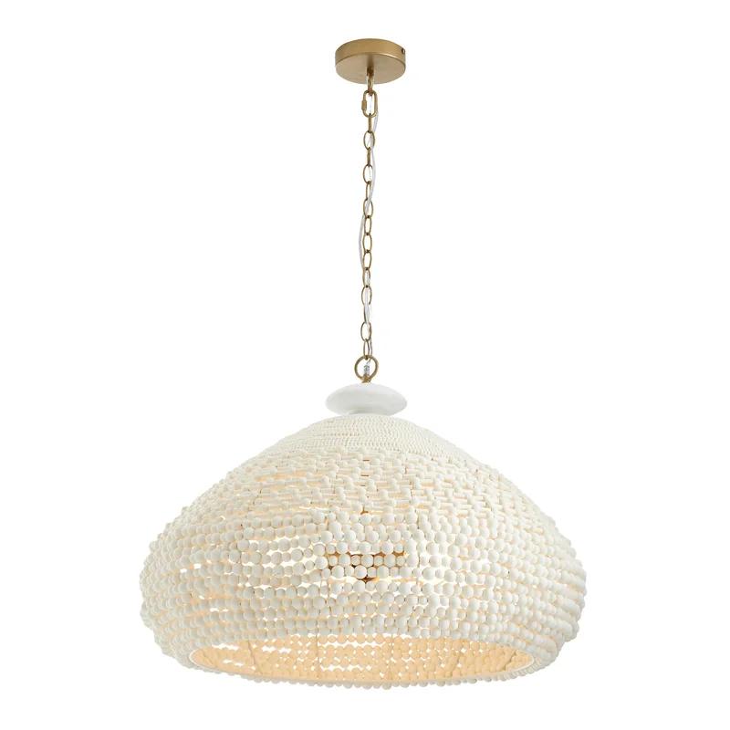 Lilo Beaded White Wooden 3-Light Chandelier with Gold Finish