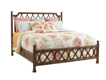 Caribbean Sunset Queen Rattan & Bamboo Poster Bed with Upholstered Headboard