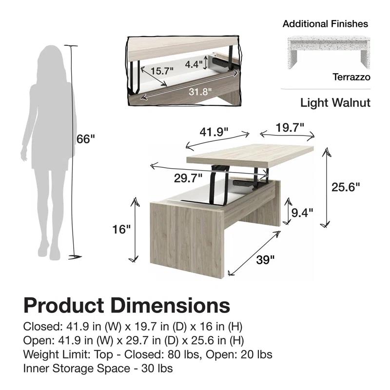 Light Walnut Winston Rectangular Lift-Top Coffee Table with Storage