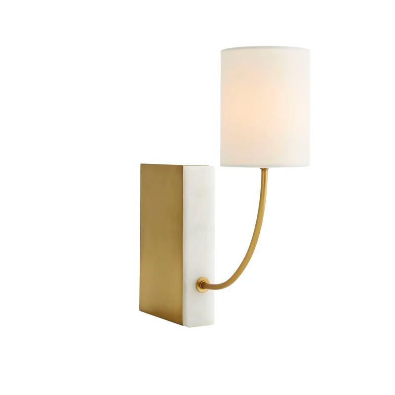Flynn Antique Brass & White Alabaster Plug-In Sconce with Linen Shade