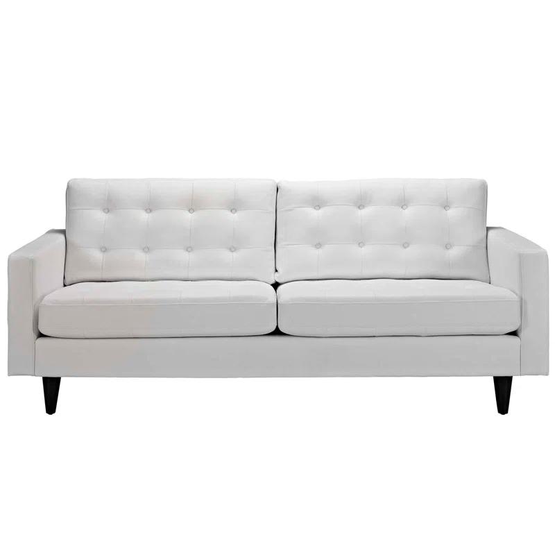 White Tufted Faux Leather Sofa with Wood Legs