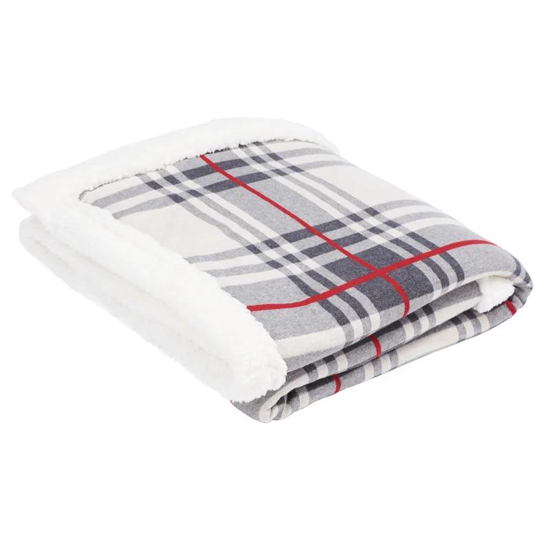 Classic Grey and Red Plaid Cotton Sherpa Throw Blanket - 50" x 60"