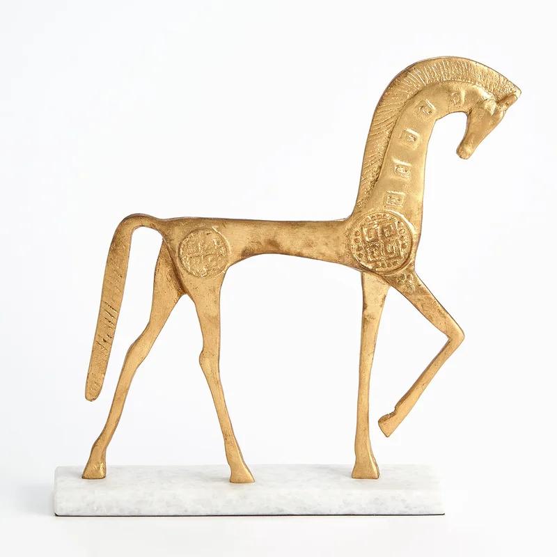 Equestrian Grace Gold Leaf Iron Horse Sculpture on Marble Base