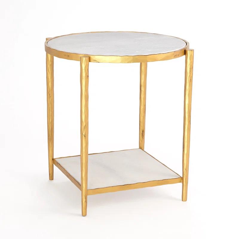 24" Round White Marble and Gold Metal Side Table