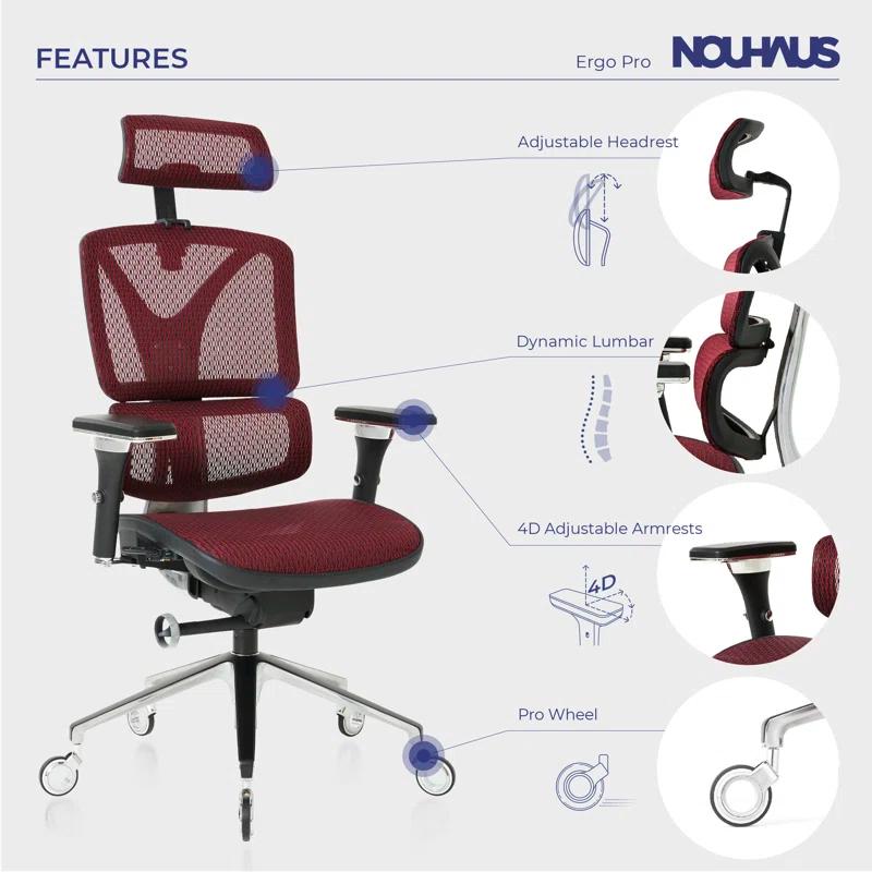 Nouhaus Inc Nouhaus Ergonomic Office Chair Lumbar Support Aluminum Alloy Backrest, Big and Tall Mesh Computer Desk Chair with Adjustable Headrest, 4D Armrest and Premium Wheels