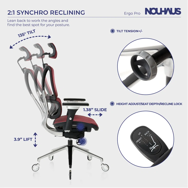 Nouhaus Inc Nouhaus Ergonomic Office Chair Lumbar Support Aluminum Alloy Backrest, Big and Tall Mesh Computer Desk Chair with Adjustable Headrest, 4D Armrest and Premium Wheels