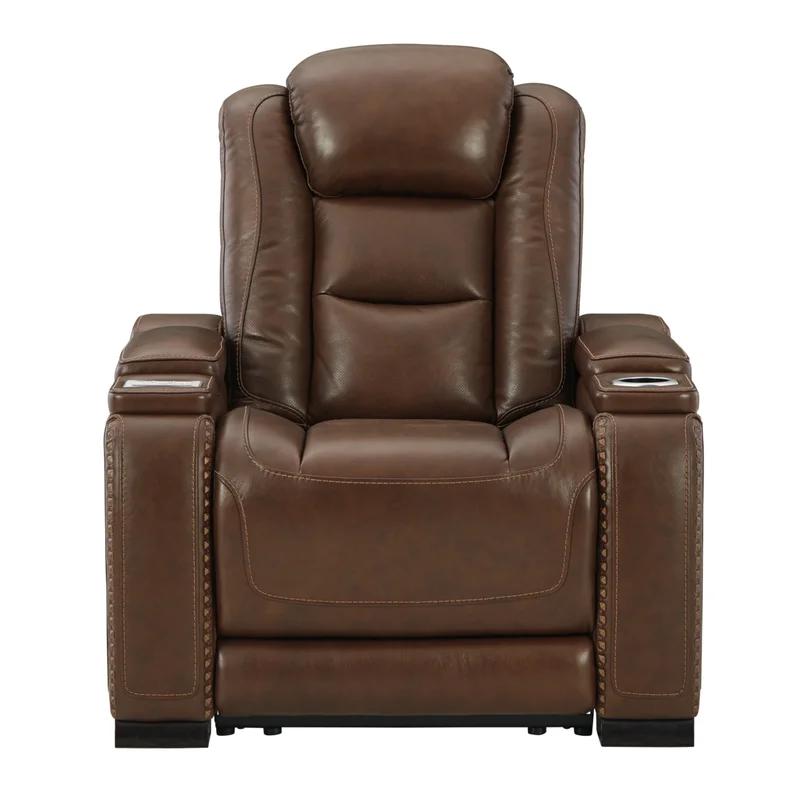 Contemporary Brown Leather Power Recliner with USB Charging