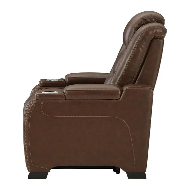 Contemporary Brown Leather Power Recliner with USB Charging