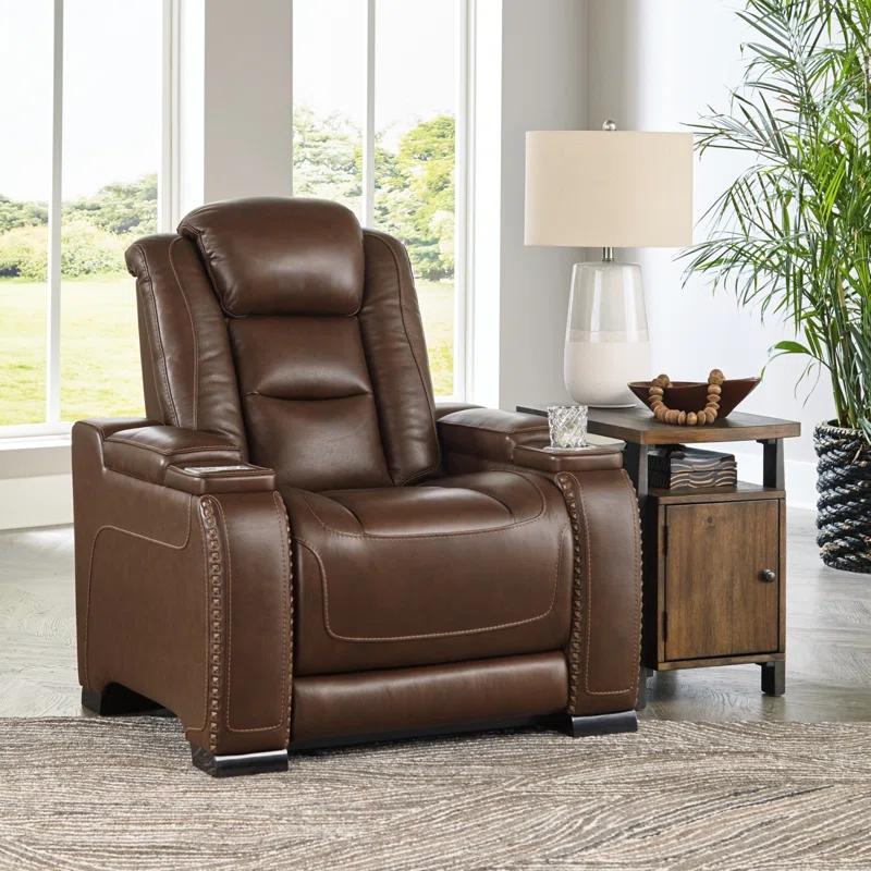 Contemporary Brown Leather Power Recliner with USB Charging