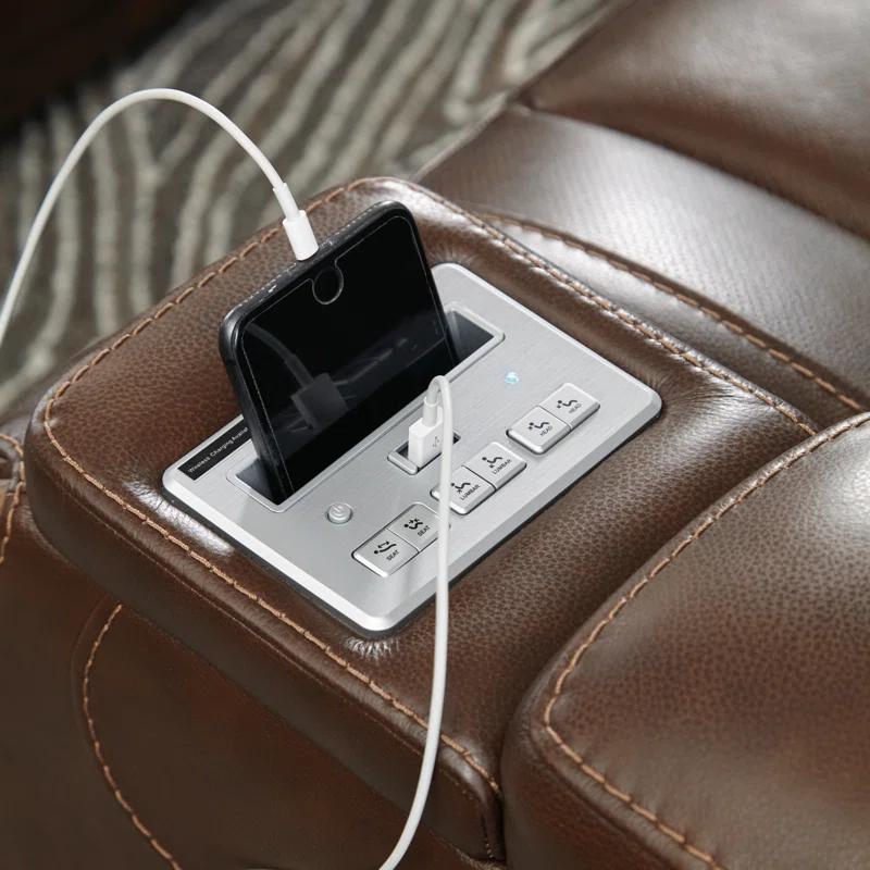 Contemporary Brown Leather Power Recliner with USB Charging