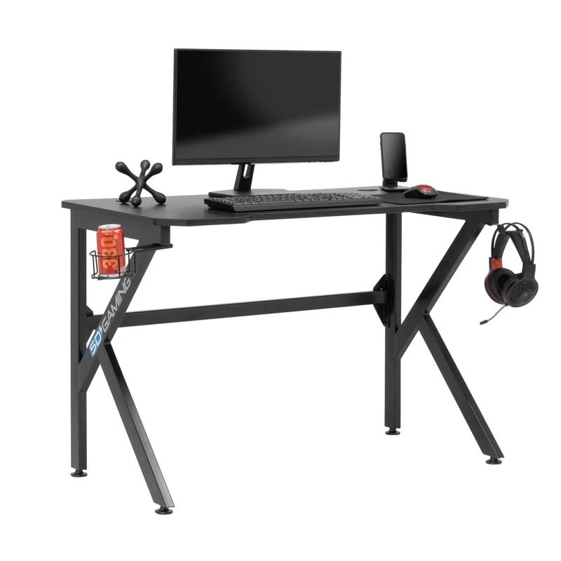 48" Black Carbon-Fiber Inspired Gaming Desk with Charging Hub