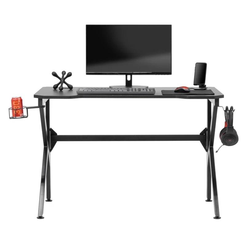 48" Black Carbon-Fiber Inspired Gaming Desk with Charging Hub