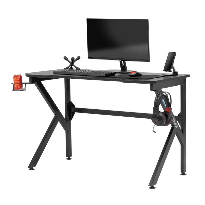 48" Black Carbon-Fiber Inspired Gaming Desk with Charging Hub