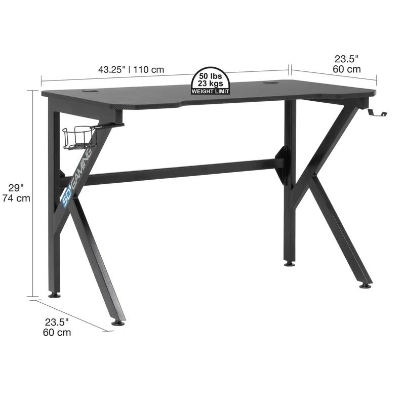 48" Black Carbon-Fiber Inspired Gaming Desk with Charging Hub