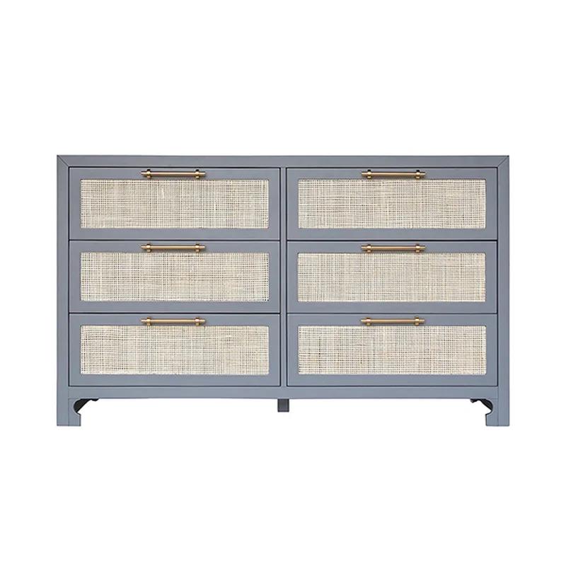 Coastal Elegance Matte Grey Double 6-Drawer Dresser with Hand-Woven Caning
