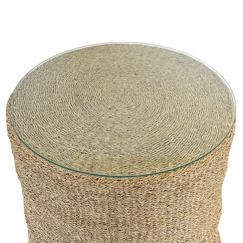 Round Seagrass and Glass Storage End Table