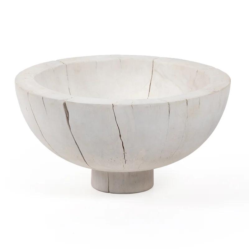 Ivory Reclaimed Wood Large Turned Pedestal Decorative Bowl