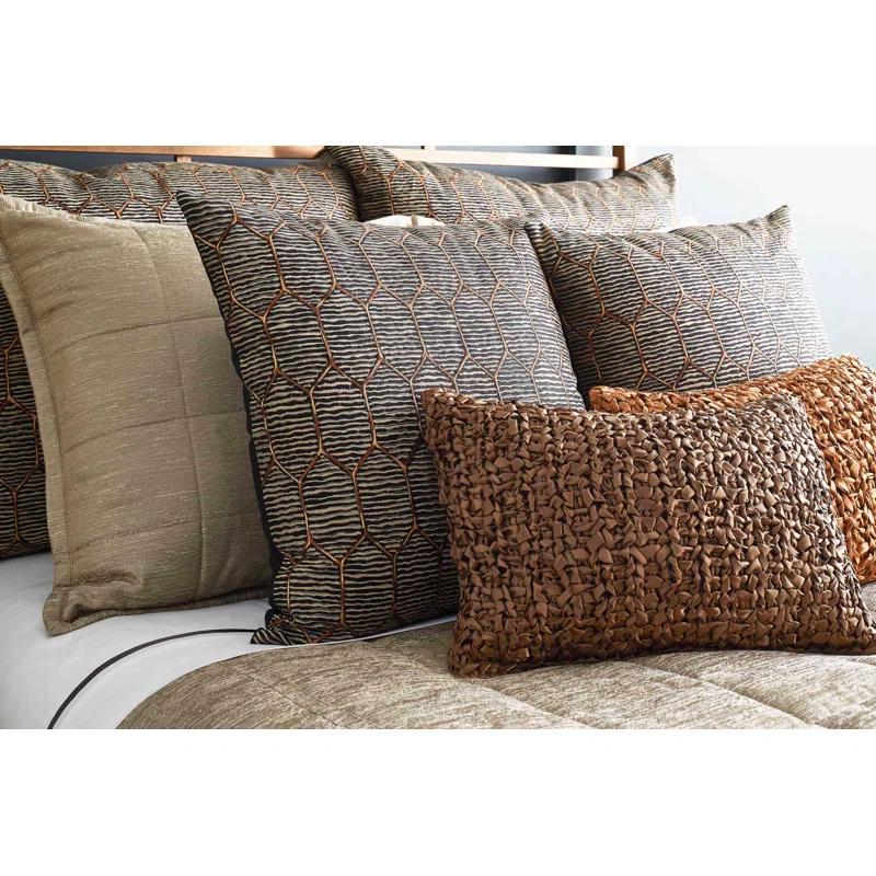 Amber and Taupe Embroidered Linen Cotton Rectangular Pillow