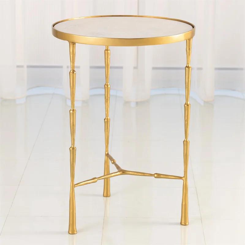 Antique Brass and White Marble Round Side Table, 17"x24"