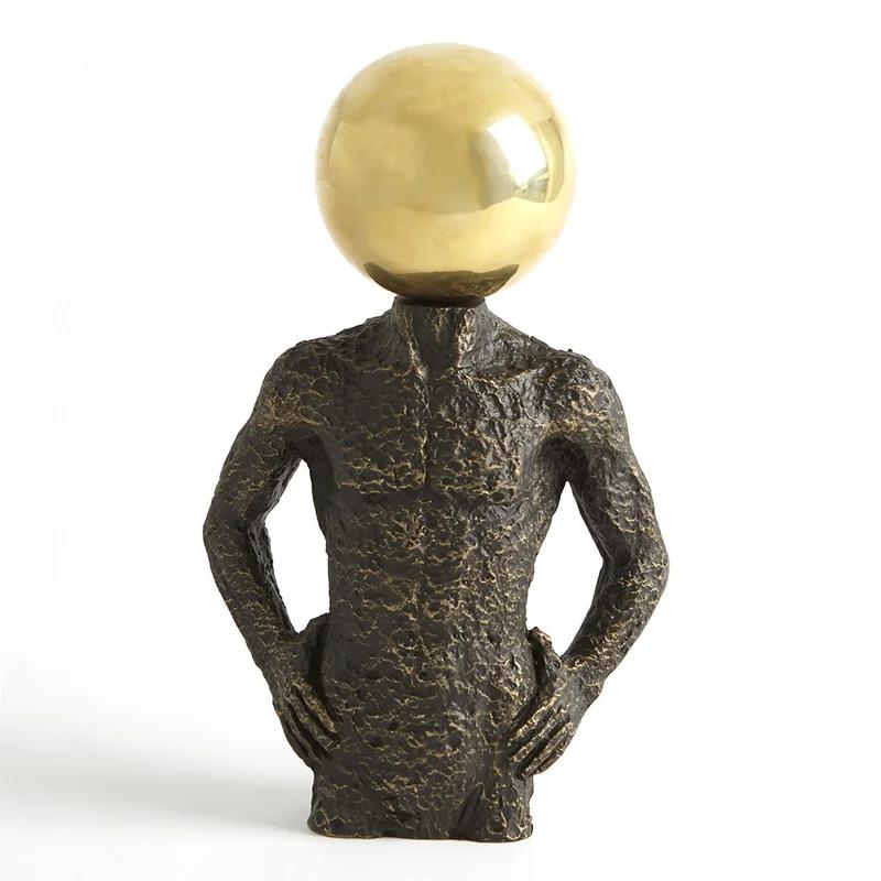 Sphere Hero-Bronze Cast Iron with Brass Geometric Head Sculpture
