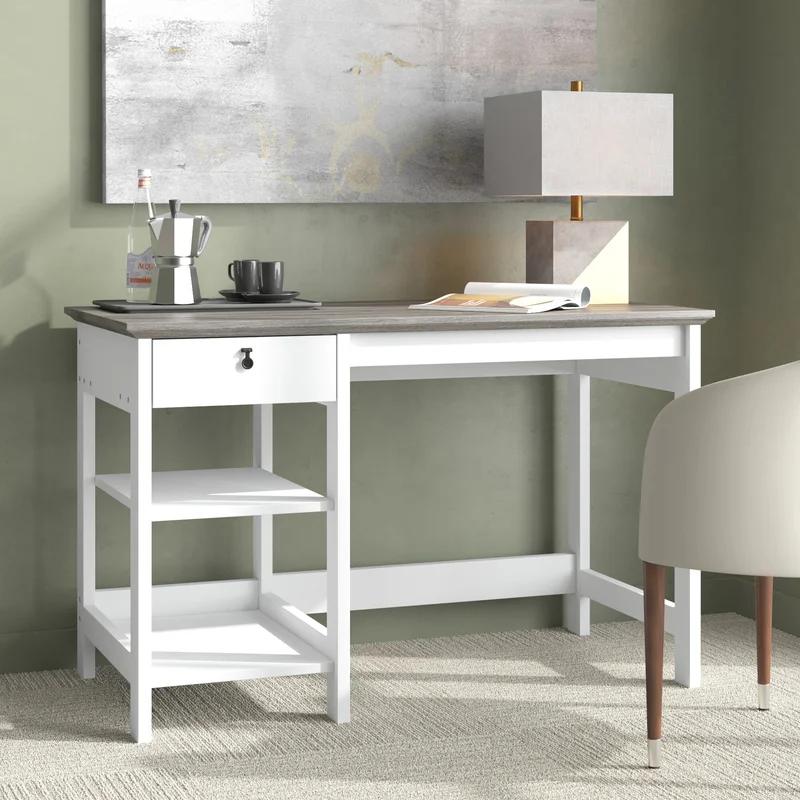 Crisp White and Oak Wood Grain Transitional Writing Desk with Drawer