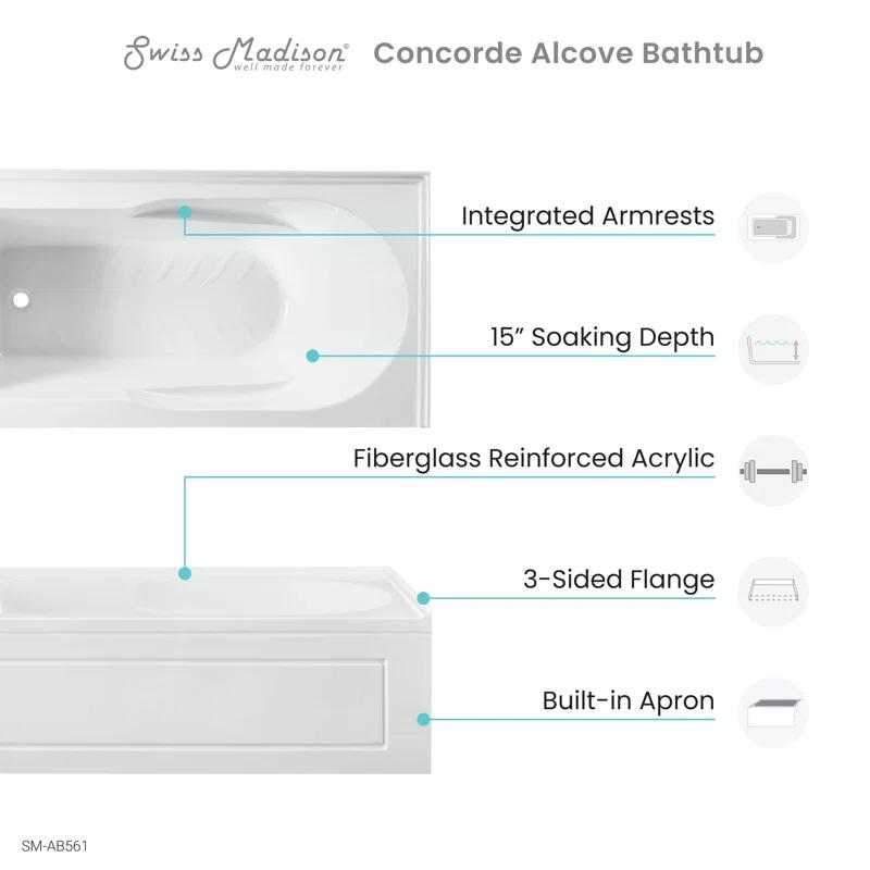 Concorde 60" x 32" Acrylic Glossy White, Alcove, Integral, Apron Bathtub
