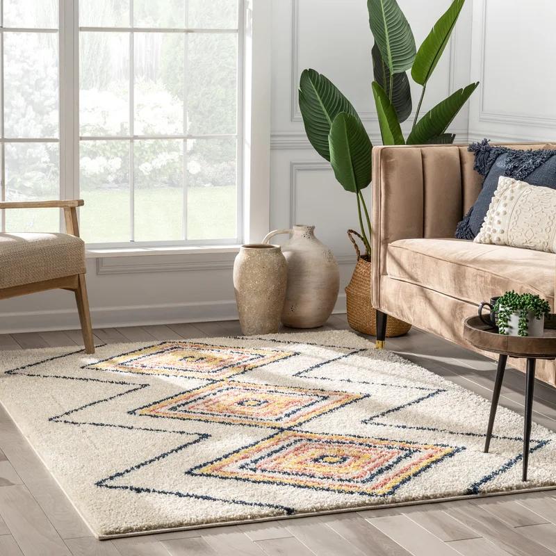 Ivory Geometric Shag Kids Rectangular Area Rug