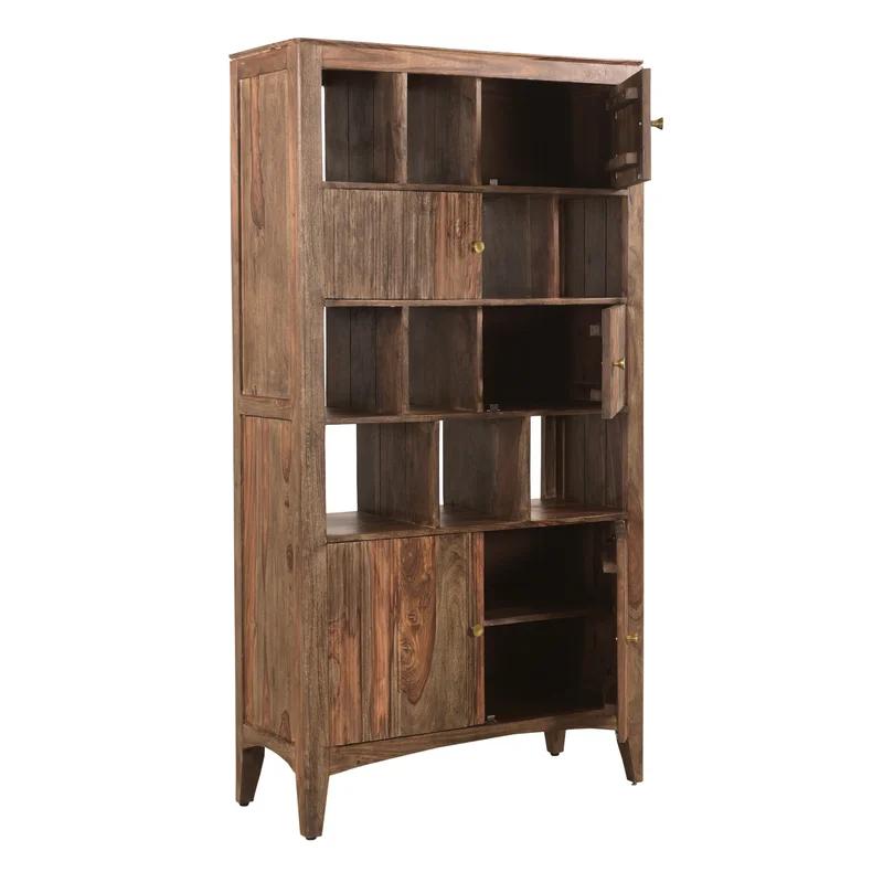 Transitional Sheesham Wood Bookcase with Doors and Cubes in Brown