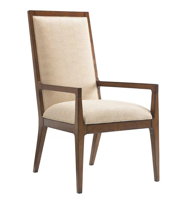 Transitional Beige Leather and Wood Arm Chair with Gold Accents