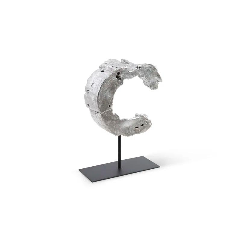 Eroded Silver Leaf & Black Wood Semi-Circle Sculpture on Stand