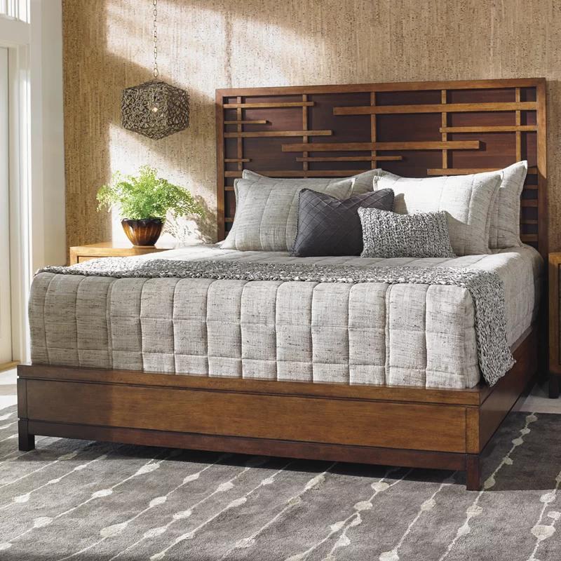 Transitional Shanghai Wood Queen Panel Bed with Upholstered Headboard