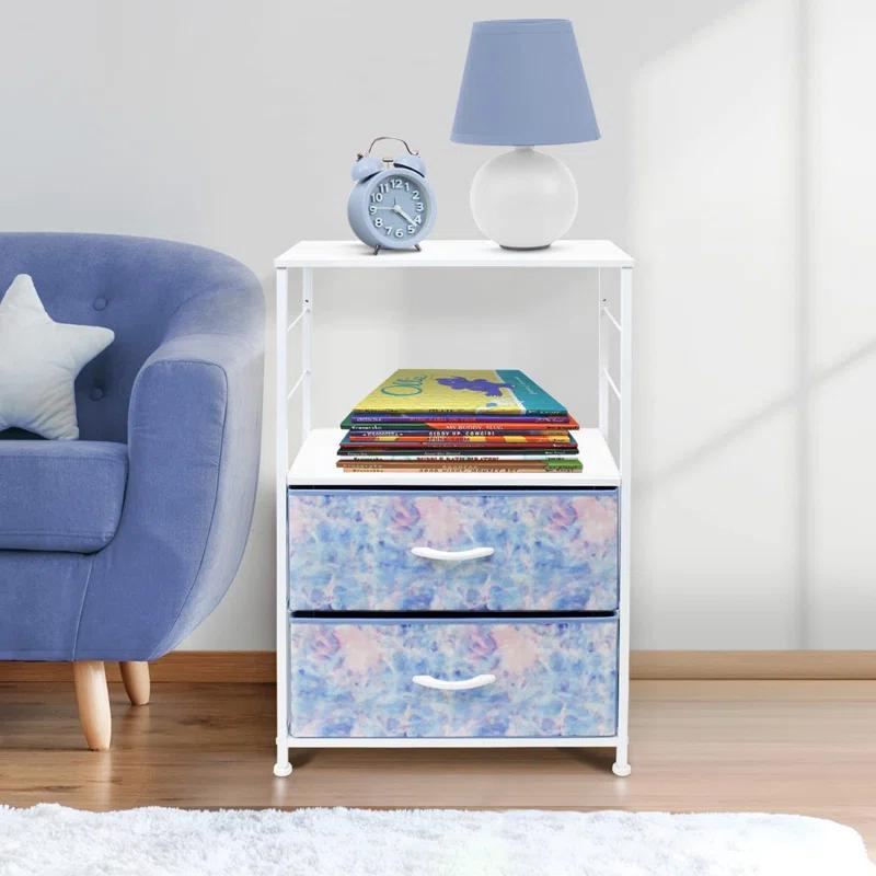 Sorbus Sorbus 2 Drawers and Shelves Nightstand with Steel Frame, Wood Top & Fabric Bins in Tie Dye Blue