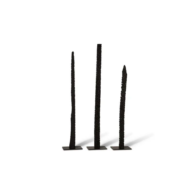 Charred Black Wood Sculpture Trio on Minimalist Metal Bases