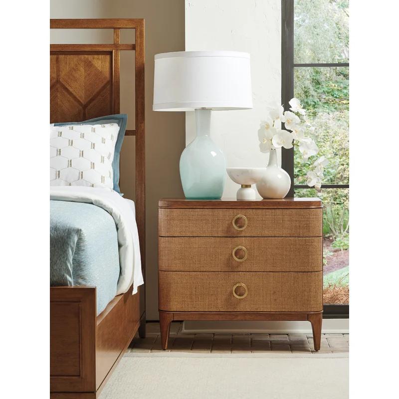 Sierra Tan 3-Drawer Raffia Nightstand with Gold Accents