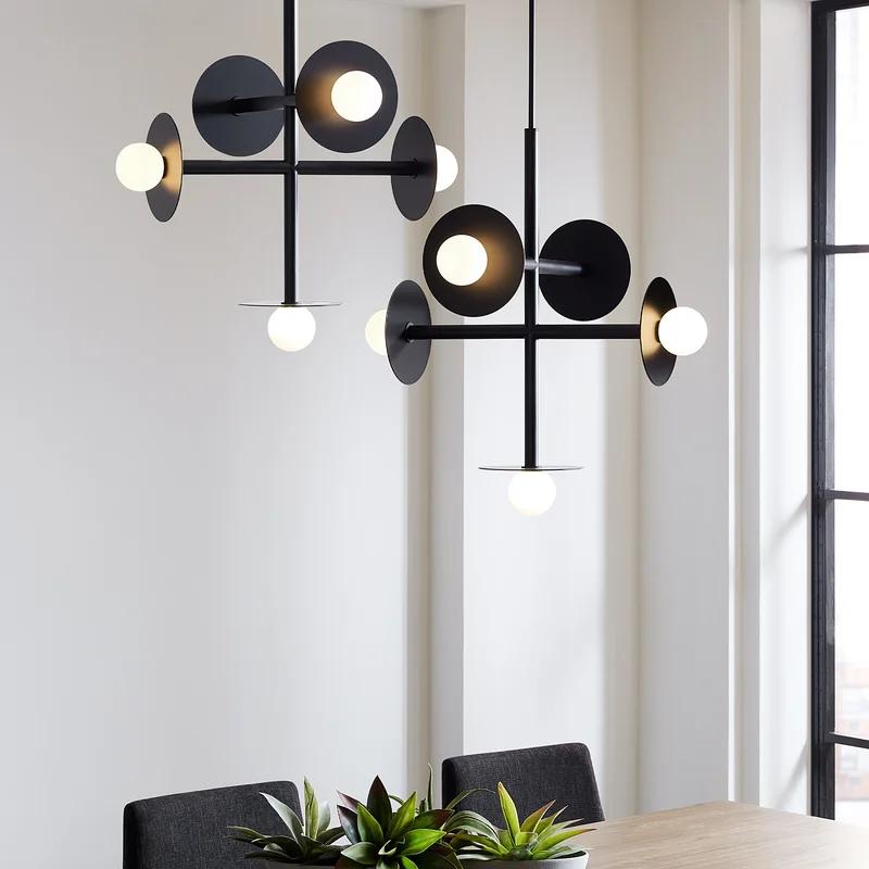 Nodes Large Midnight Black Curvilinear Chandelier with Milk Glass Globes