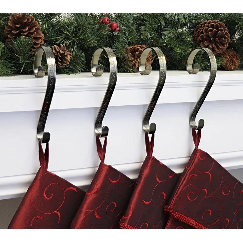 Haute Decor Stocking Scrolls Embossed Holly Stocking Holder (Set of 4)