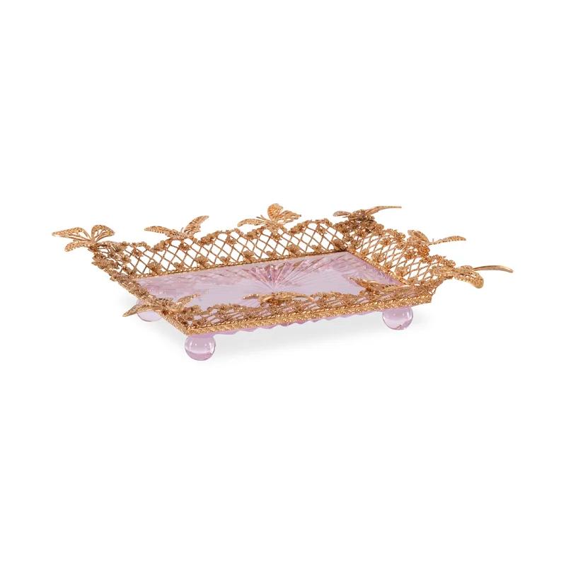 Glorieux Hand-Engraved Pink Crystal Tray with Gold Brass Butterflies