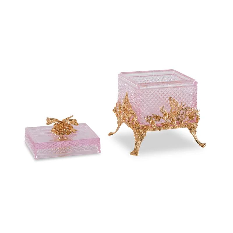 Glorieux Pink Crystal Hand-Engraved Decorative Box with Gold-Finish Butterflies