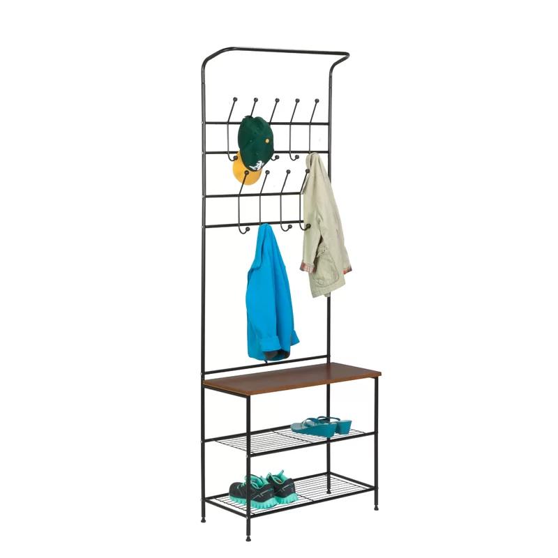 Versatile Black Metal Entryway Storage Valet with Bench and Hooks