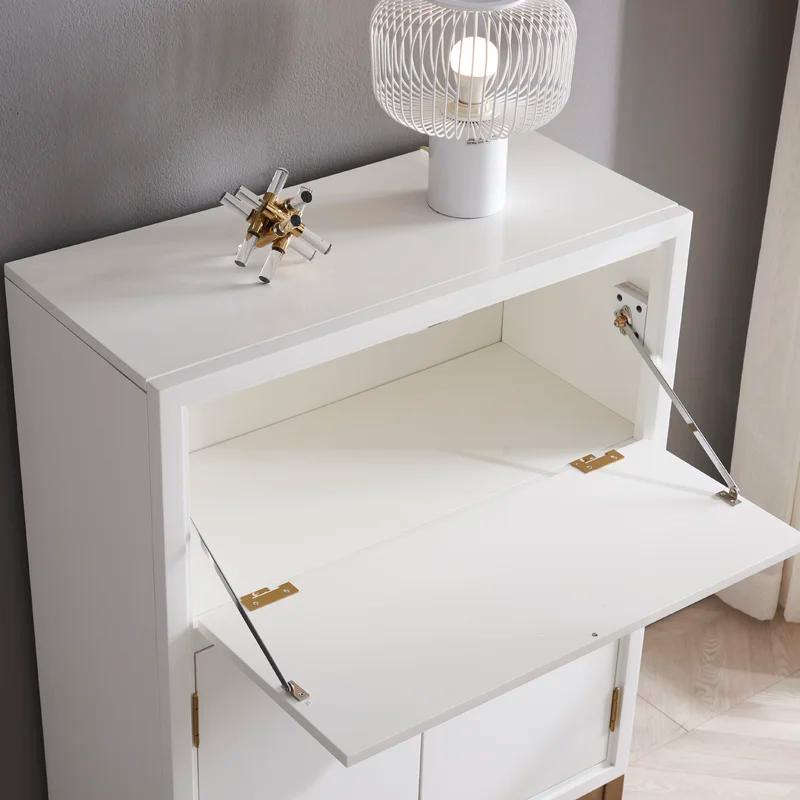 Elegant White and Gold Drop-Lid Hideaway Desk with Storage