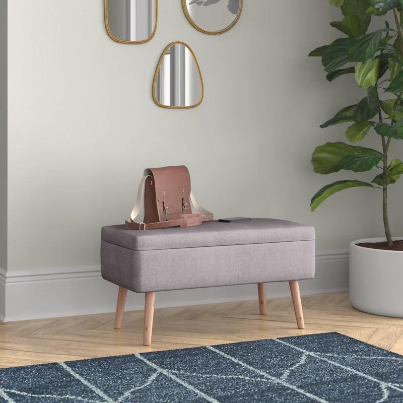 Contemporary Gray Fabric Upholstered Storage Bench with Natural Wood Legs
