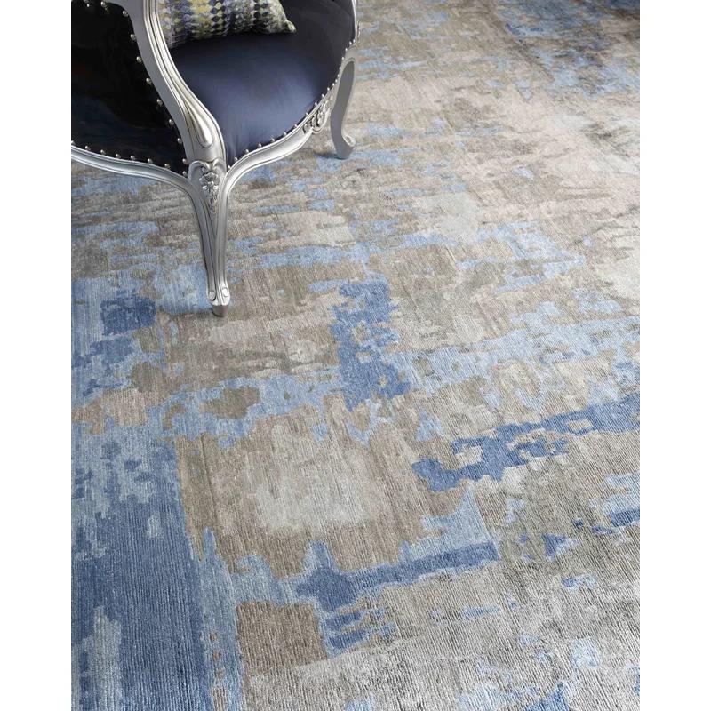 Hand-Knotted Blue Abstract Viscose Cotton 10' x 14' Rug