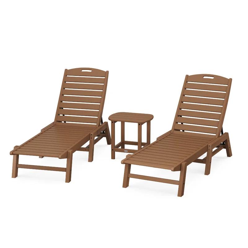 Teak 3-Piece Outdoor Chaise Lounge Set for 2 with Side Table