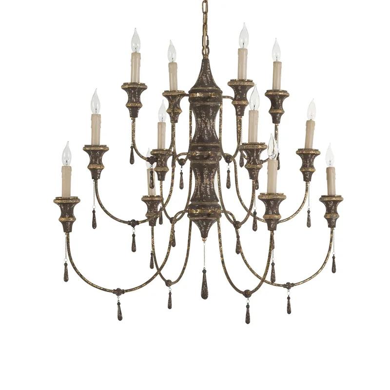 Durham Rustic Brown Triple-Tiered Chandelier with Wax-Look Candles